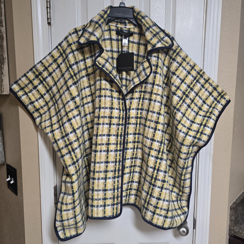 Andrew‎ Marc New York yellow navy gingham tartan plaid poncho OS new